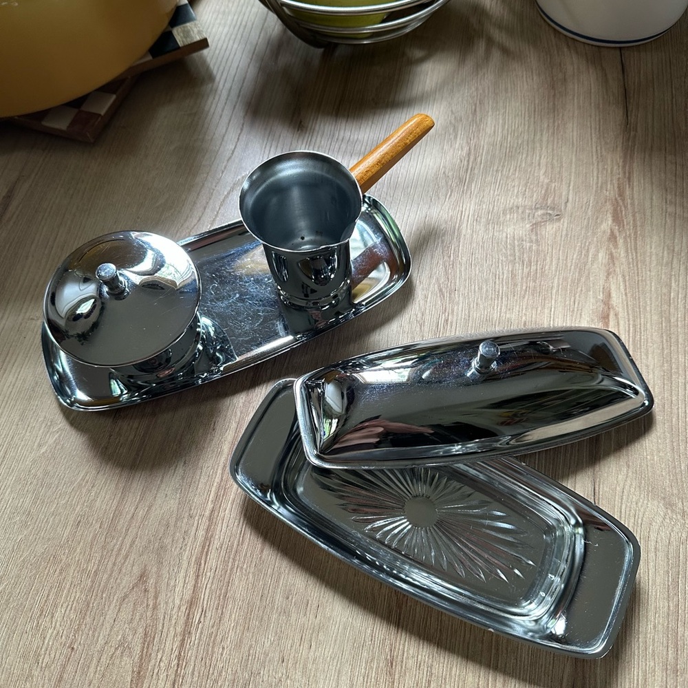 Vintage Mid Century Modern”Milbern”Chrome and Wood Cream/Sugar/Butter Service
